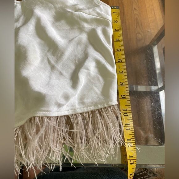 White silk/poly spaghetti strap Cami w/ feathers. V front & back size small - Picture 5 of 12
